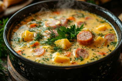 Отдельно ничего не жарю, все делаю сразу в кастрюле &mdash; 20 минут и обед готов: сырный суп с колбасками