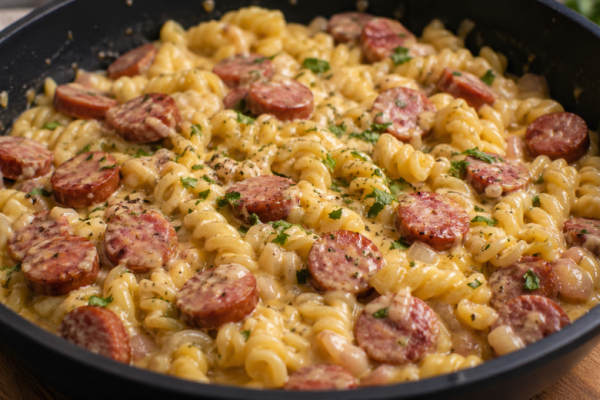Три пластинки сыра и пачка охотничьих колбасок: сырные макароны сведут всех с ума. Готовим все на одной сковороде и без лишней посуды
