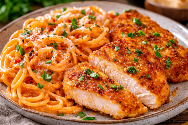 Вкусный ужин: куриные шницели и макароны по-итальянски. Продукты самые простые, но получается очень интересно