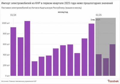 Поставки китайских электромобилей в Кыргызстан в 1-м квартале уменьшились в 2 раза