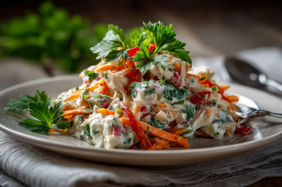 Грузинский салат «Ацецили» с куриной грудкой и болгарским перцем: в составе самые простые продукты